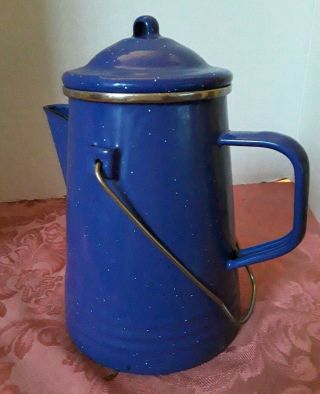 Vintage Blue Speckled Enamel Coffee Pot With Perculator Parts,