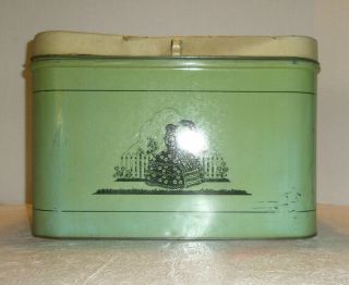 Vintage Tin Bread Box Farmhouse Style Litho Print Lady Green Beige Hinged Lid