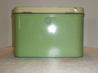 Vintage Tin Bread Box Farmhouse Style Litho Print Lady Green Beige HInged Lid 3