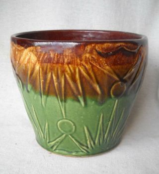 Vintage Mccoy Pottery Brown & Green Drip Glaze Moon Sun Planter Pot Jardiniere
