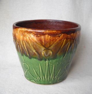 Vintage McCoy Pottery Brown & Green Drip Glaze Moon Sun Planter Pot Jardiniere 2