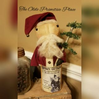 Handmade Primitive Santa Can Doll With Tree - Vintage Label