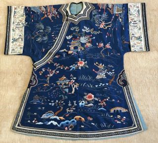 Unusual Antique 19thc Chinese Silk Embroidered Pagoda Robe Gauze Fine Sleeveband