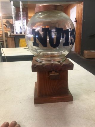 Vintage Leonard Creations Wooden Peanut Nut Dispenser Machine Jar Glass Globe