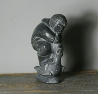 Vintage Mid 20thc Inuit Soapstone Carving Man Breaking Gooses Neck Signed Label