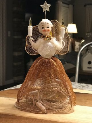 Vintage 1950’s Christmas Angel Ceramic Head Tree Topper Wire Mesh Lights Box