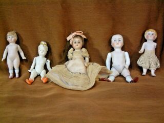 5 German Antique All Bisque Dolls 3 1/2 " To 4 1/2 " One With Glass Eyes $1 Nr Wow