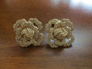 And Rare Vintage Signed Ciner Clip Earrings Roses With Pave Rhinestone