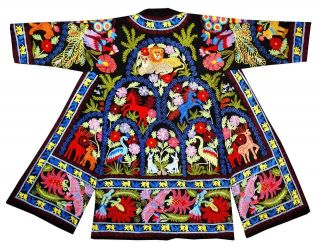 Rare Uzbek Fully Silk Embroidered Robe Jacket Chapan Coat Animal World A12830