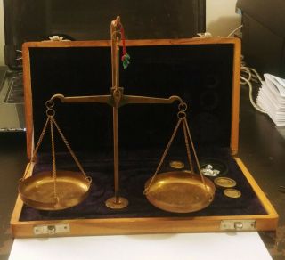 Vintage Antique Brass Jewelry Balance Scale With Velvet Box - Complete Weight Set