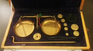 Vintage Antique Brass Jewelry Balance Scale With Velvet Box - Complete Weight Set 2