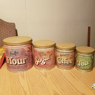 Vintage Fluffy Brand Ballonoff Tins Flour Tea Sugar Coffee Set Canisters 1979