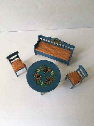 Vintage Lundbytable & Chairs Set With Bench Seat Dala Horses Daisies Blue Wooden