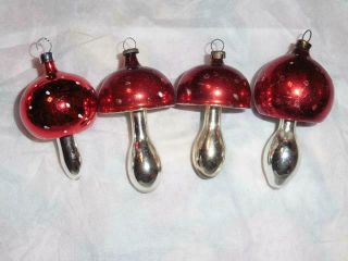 4 Vintage Blown Glass Christmas Ornament Red & Silver Mushrooms