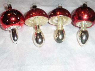 4 Vintage Blown Glass CHRISTMAS ORNAMENT Red & Silver MUSHROOMS 2