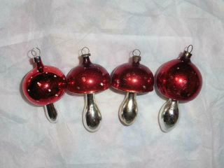 4 Vintage Blown Glass CHRISTMAS ORNAMENT Red & Silver MUSHROOMS 3