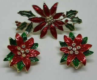 Vintage Christmas Poinsettia Brooch Pins And Clip Earrings