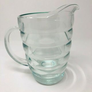 Vintage Beehive Glass Pitcher Jug With Handle Heavy Clear Ringed Ribbed 46 Oz