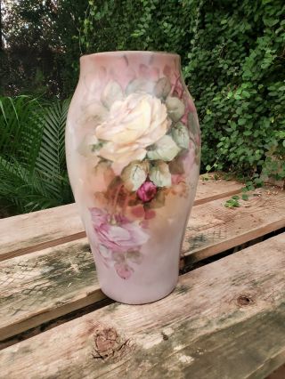 Antique/vintage Victorian Limoges Hand Painted Roses Large Porcelain Vase France