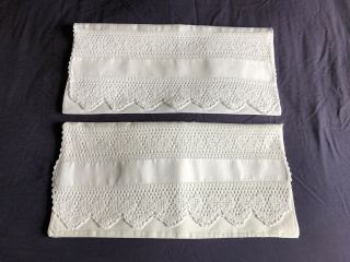 Pair Vintage White Linen Housewife Style Pillow Cases Hand Crochet Edgings