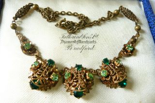 Vintage Jewellery Art Deco Czech Filigree Green Rhinestone Necklace Lovely