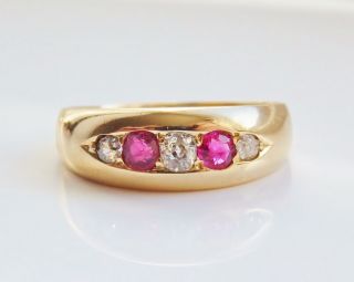 Stunning Antique Victorian 18ct Gold Ruby & Diamond Five Stone Ring C1890