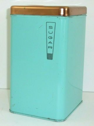 Vintage Mid Century Lincoln Beautyware Sugar Canister Turquoise Copper Tone Lid