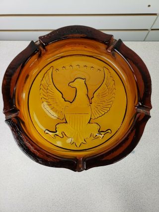 Vintage Tiara Indiana Amber Glass Union Eagle Crest Heavy 10 " Ashtray Cigar