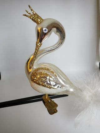 Vintage Swan W/gold Crown Clip On Mercury Glass Bird Christmas Tree Ornament