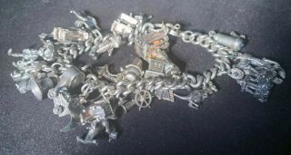 Vintage Sterling Silver Antique Charm Bracelet 30 Charms Marked Ster 925 Heavy