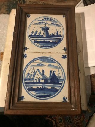 17th Century Early 18th Century Dutch Delft Tiles Two Framed Blue & White