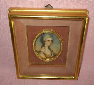 Antique 19th C Miniature French Oil Painting Portrait Woman Girl Signed Lagway