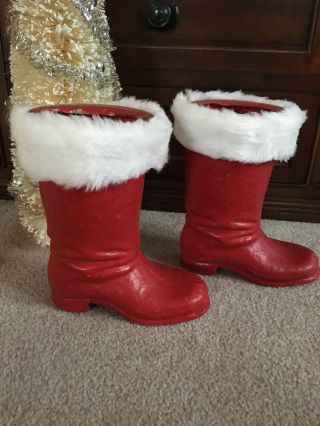 2 Vintage Christmas Red Santa Claus Paper Mache Boot White Trim 8”