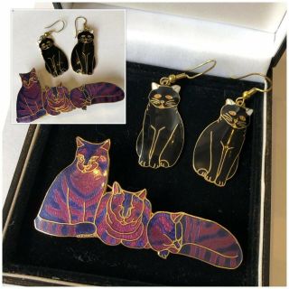 Vintage Jewellery Celtic Sea Gems Cloisonné Enamel Cat Brooch & Earrings