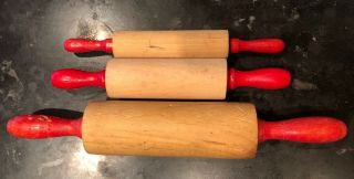 Vintage Wood Rolling Pin Set Of 3 Wooden Red Handle