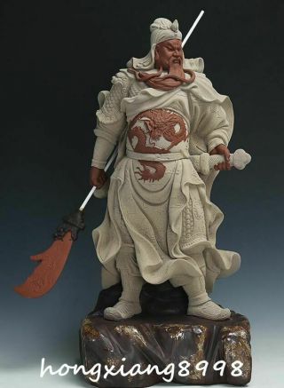 23 " Old Ceramics Porcelain Dragon Knife Guan Gong Yu Warrior God Swords Statue