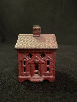 Vintage Metal Still Coin Bank House Cast Iron Metal Red Painted