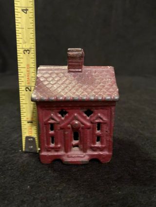 Vintage Metal Still Coin Bank House Cast Iron Metal Red Painted 2
