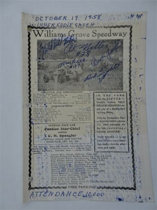 Vintage 1958 Williams Grove Speedway Sprint Car Race Foldout Program Signed By 5