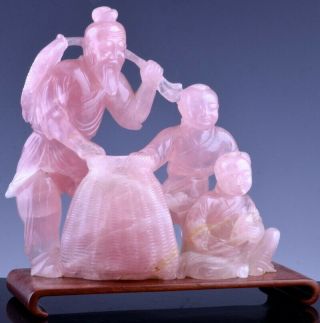 Great Old Chinese Carved Pink Rock Crystal Quartz Fisherman With Boys Figure