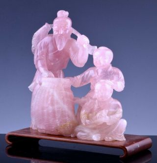 GREAT OLD CHINESE CARVED PINK ROCK CRYSTAL QUARTZ FISHERMAN WITH BOYS FIGURE 2