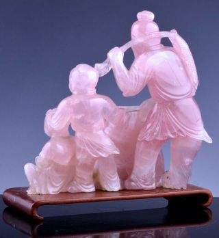 GREAT OLD CHINESE CARVED PINK ROCK CRYSTAL QUARTZ FISHERMAN WITH BOYS FIGURE 3