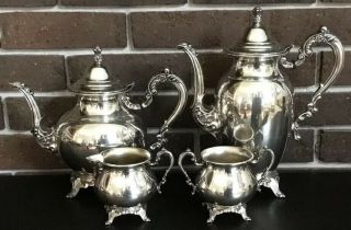 Vintage Oneida Silver Plate Footed 4 Piece Coffee Tea Set Pot Cream Sugar