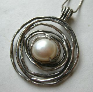 Vtg Sterling Silver Freshwater Pearl Israel Modernist Necklace Pendant & Chain