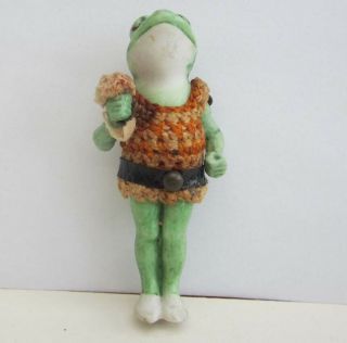 Antique Hertwig Frog Doll Crochet Clothing All Bisque German Miniature