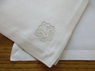 Set Of 11 Fluer De Lis Vintage Embroidery Handkerchief Linen Dinner Napkins