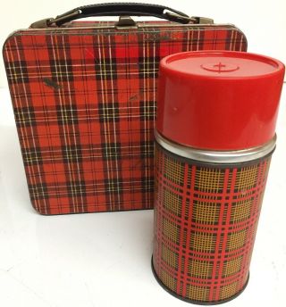 Vintage Aladdin Red Plaid Metal Lunchbox With Thermos C1950 