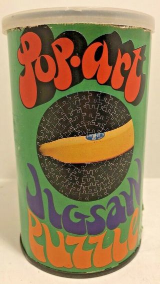 Vintage 1968 Banana Pop Art Jigsaw Puzzle In A Can Psychedelic Groovy Mcm Round