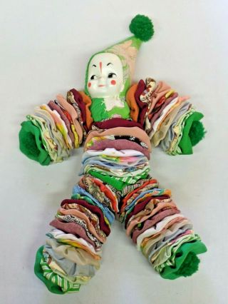 Vintage Hand Made Yoyo Quilt Disc Clown Doll Plastic Face Colorful Cute
