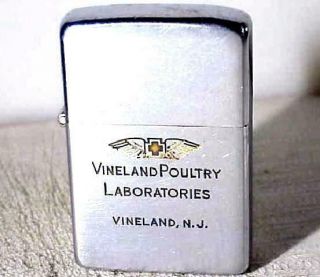 Vtg 1950s Zippo Pat.  Pend Lighter W Ins.  & “vineland Poultry Lab,  N.  J.  ”